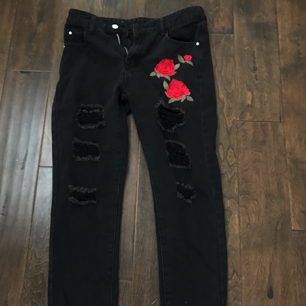 Boys Black Distressed Slim Jeans With Rose Print Size 14